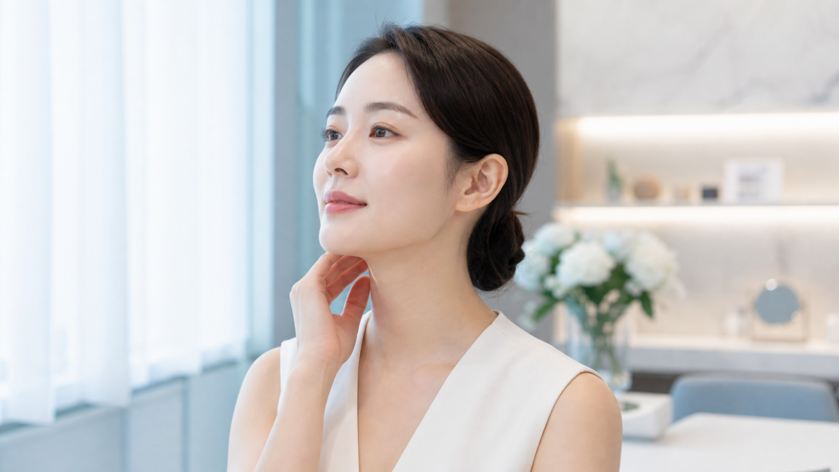 울쎄라 리프팅 상담 전 얼굴 탄력과 턱선을 확인하는 여성 이미지
