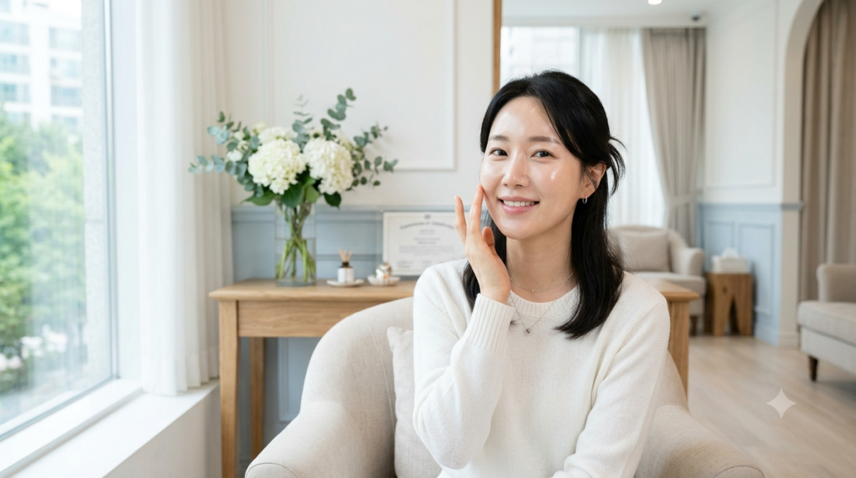 리쥬란 시술 후 맑고 탄력 있는 피부를 확인하는 여성 이미지